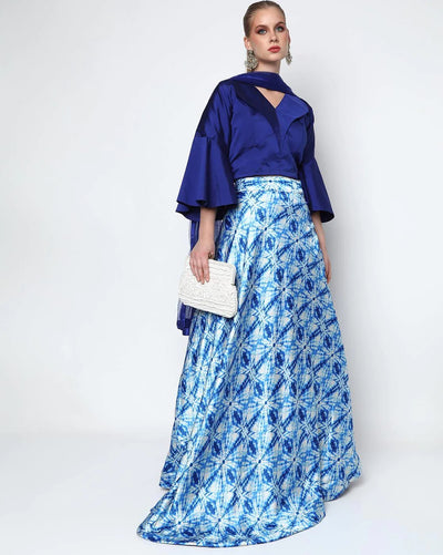 Chhabra 555 Made to Measure Abstract Digital Print Skirt with Contemporary Bell-Sleeved Crop top