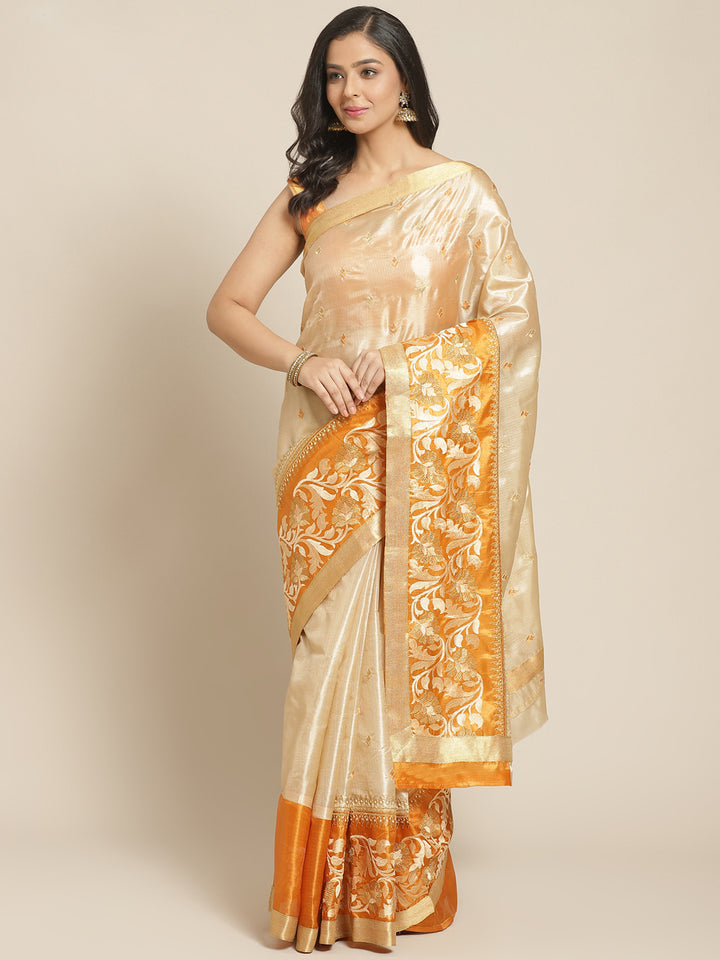 Tussar Handloom Banarasi Saree with Contrast Border & Resham Floral Embroidery