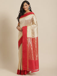 Chhabra 555 Handloom Bengali Style Kasavu Saree With Paisley Motifs & Red Broad Border 