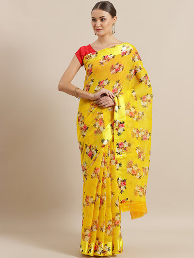 Chhabra 555 Yellow Jute Cotton Silk saree with Floral Digital print and Satin Broad Border