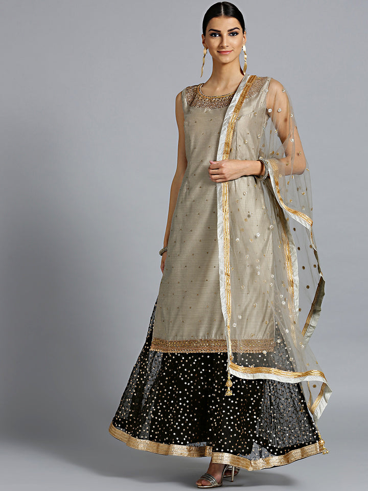 Chhabra 555 Made-to-Measure Grey jewelled neckline kurta with Black embroidered pallazo and dupatta