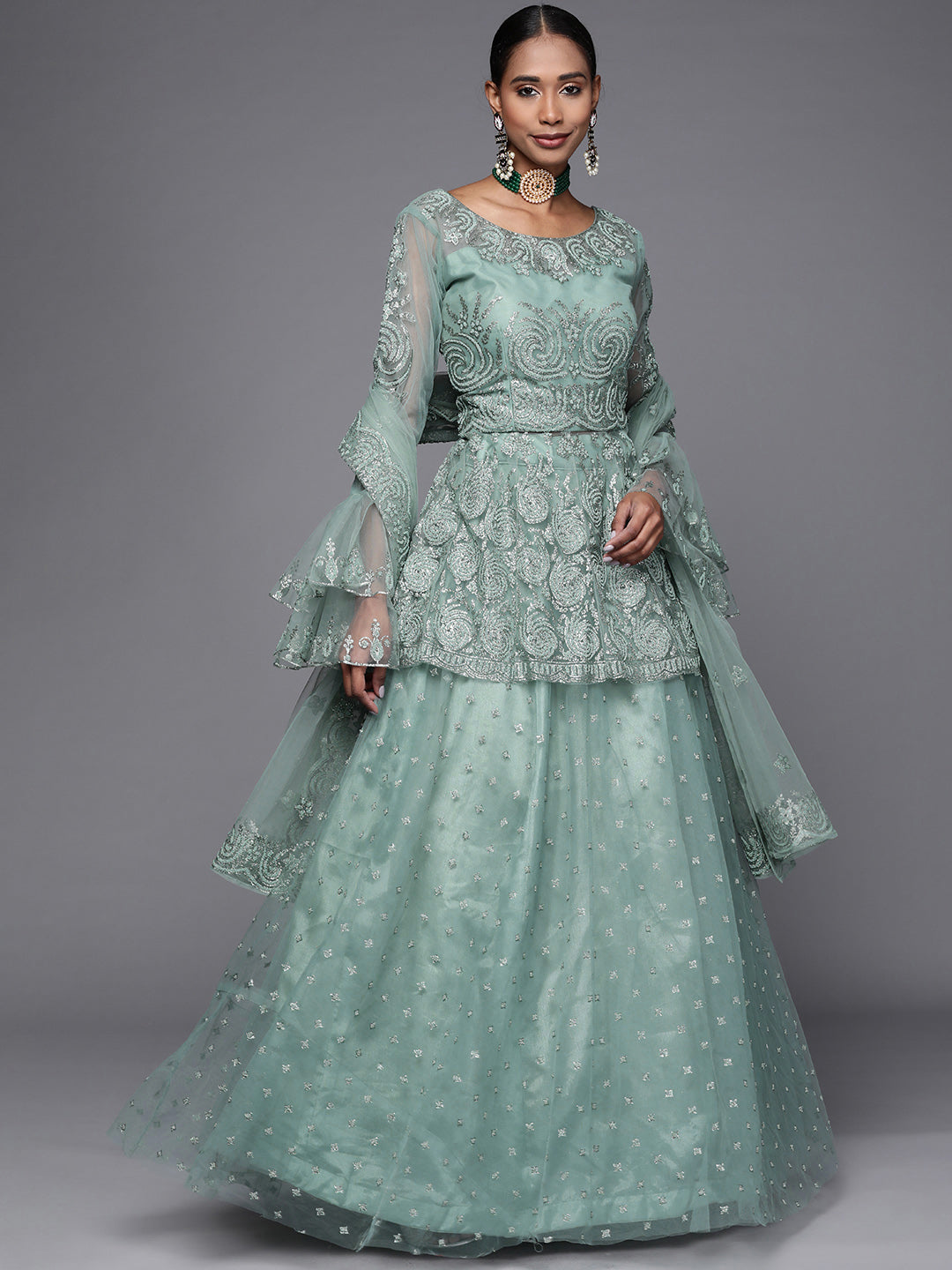 Chhabra 555 Made-to-Measure Shimmer Pastel Peplum Lehenga Choli Set Embellished With Bell Sleeves