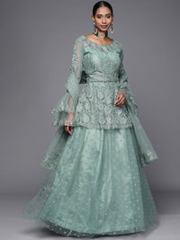 Chhabra 555 Made-to-Measure Shimmer Pastel Peplum Lehenga Choli Set Embellished With Bell Sleeves