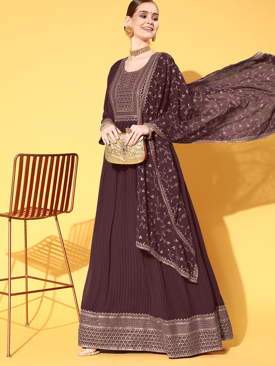 Chhabra 555 Made to Measure Pleated Georgette Anarkali Gown with Gold Aari Embroidery Dupatta