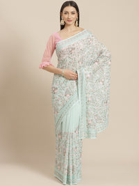 Pastel Georgette Saree With Multicolor Resham Embroidered Floral Jaal & Swarovski Crystal Border