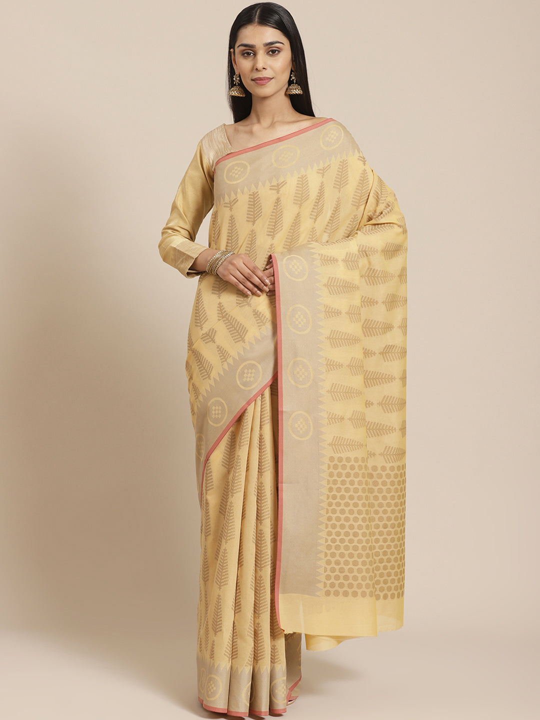 Handloom Chanderi Saree with Tropical woven patterns and a Temple style border