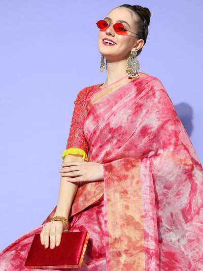 Chhabra 555 Pink Tie & Dye Batik Prints & Gota-Patti Resham Embroidered Saree with Gold Zari Border 