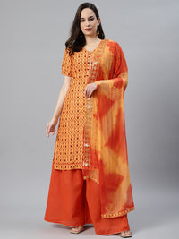 Ikat Inspired Cotton Stitched Kurta Pallazzos Set with Chiffon Gotta Patti Dupatta