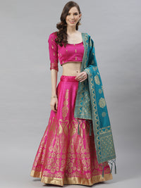Ombre Semi Stitched Kalidar Banarasi Lehenga Choli With Zari Weaving & Peacock Motifs