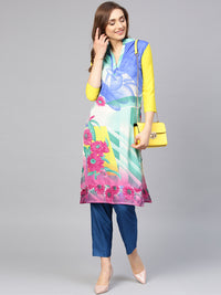 Teal Contemporary Printed Straight Kurta with Mandarin Collar and Abstract Design