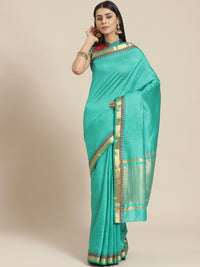 Green Narayan Peth Handloom Chanderi Saree with Temple Gold Zari & Resham Weaving