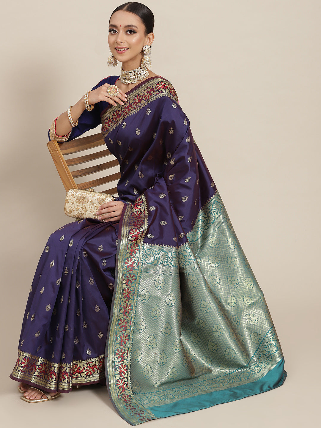 Chhabra 555 Navy Blue Floral Ethnic Motifs Banarasi Silk Saree with Contrast Pallu & Jhalar Tassels