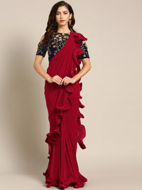 Draped Ruffled Lycra Pre-stitched Saree with Velvet Sequinned Crystal Embellished Blouse