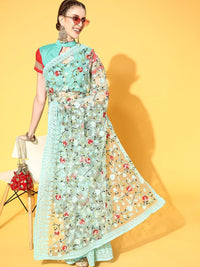 Chhabra 555 Turquoise Blue Multi Color Resham Embroidered & Crystal Embellished Tulle Saree