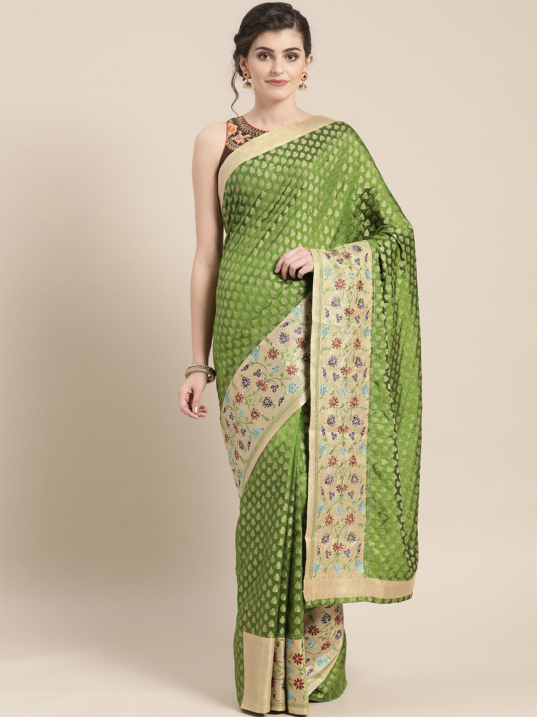 Chhabra 555 Chanderi Banarasi Silk saree with Buti Zari weave and broad multicolor threadwork border