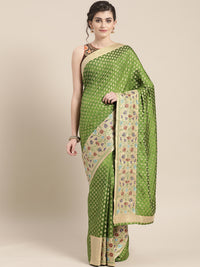 Chhabra 555 Chanderi Banarasi Silk saree with Buti Zari weave and broad multicolor threadwork border