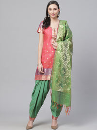 Handloom Chanderi Dress Material with Resham Gold Weave Pattern & Contrast Woven Dupatta