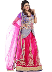 Pink & Blue Net Embroidered with Art Silk Inner Lehenga with Art Silk Jacket & Net Dupatta