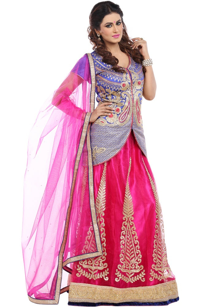 Pink & Blue Net Embroidered with Art Silk Inner Lehenga with Art Silk Jacket & Net Dupatta