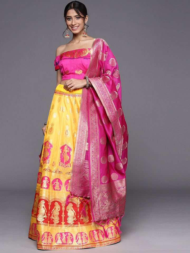 Yellow Semi Stitched Banarasi Brocade Silk Ethnic Lehenga Choli with Zari & Resham Weaving