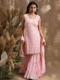 Pink Resham & Sequin Embellished Georgette Kurta Sharara Set