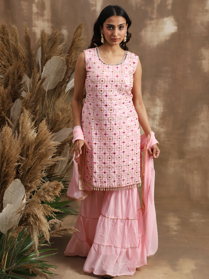 Pink Resham & Sequin Embellished Georgette Kurta Sharara Set