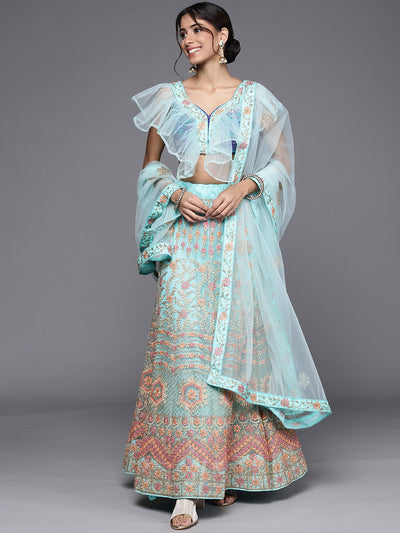 Chhabra 555 Pastel Blue Kasab Zari & Multicolor Resham Embroidered Semi-Stitched Lehenga Set