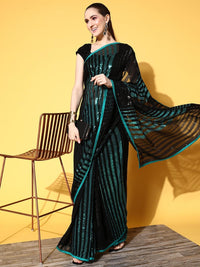 Black Contrast Embellished Party Georgette Metallic Cocktail Saree
