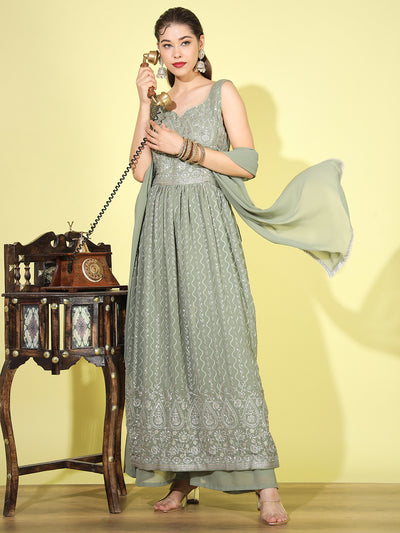 Chhabra 555 Made to Measure Dusty Green Resham Embroidered & Sequence Embellished Georgette Nayra Cut Pleated Suit With Flared Palazzo Dupatta Set