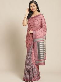 Kantha Resham embroidered Handloom Half-and-Half Saree with Ethnic Indie Print in pleats