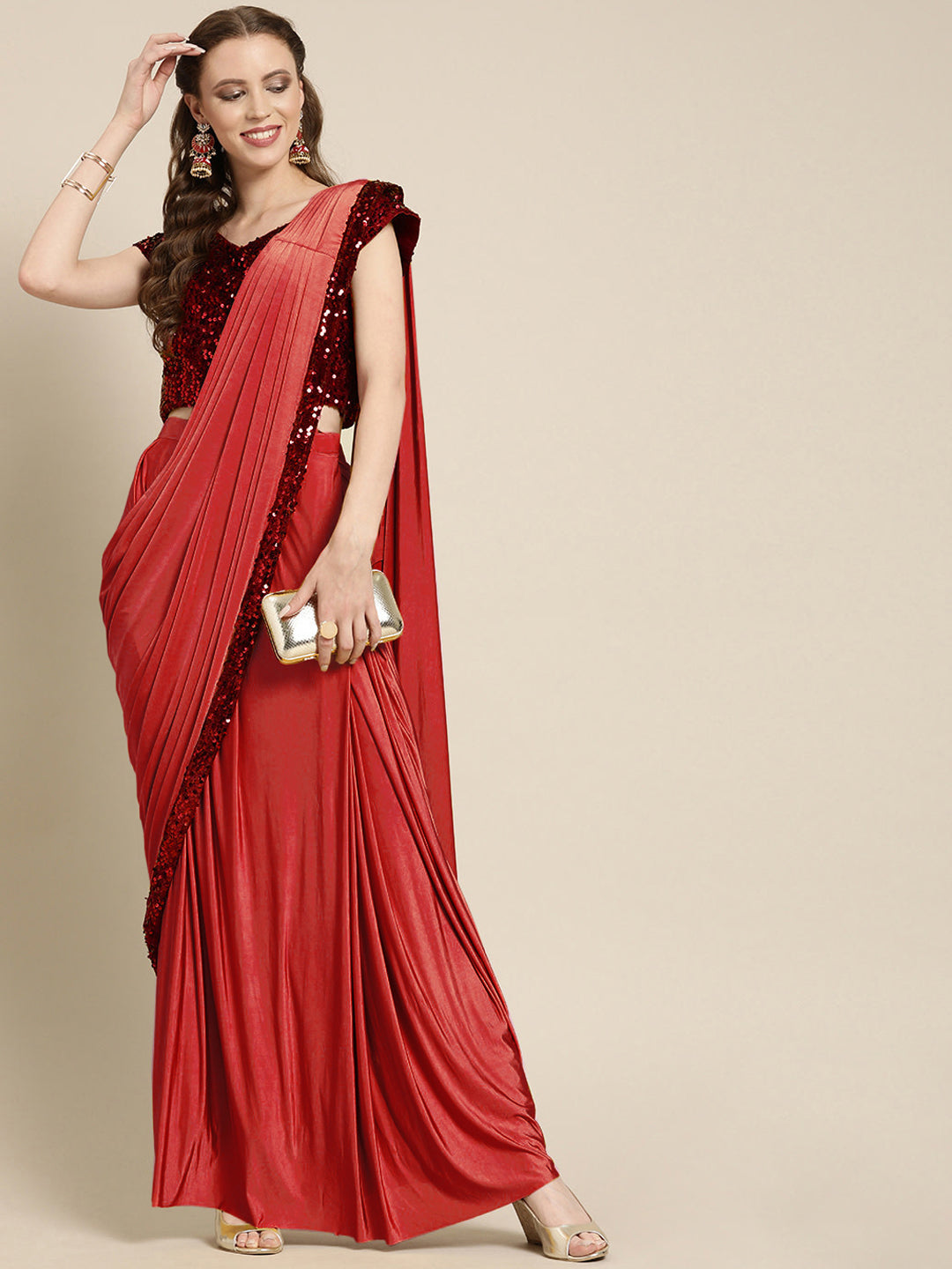 Chhabra 555 Red Ruffled Pre-Stitched Saree with Frilled and Velvet Embellished Blouse