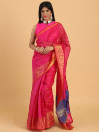 Chhabra 555 Pink Chanderi Silk Saree with Golden Zari Woven Peacock Motifs in Border 