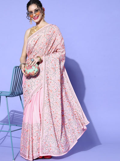 Chhabra 555 Pastel Pink Floral Intricate Resham Emboidered Chinnon Saree With Crystal Border