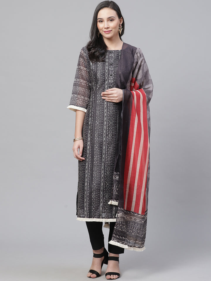 Chanderi Silk Stitched Suit with Digital Handloom & Indie Print with Maheshwari Dupatta