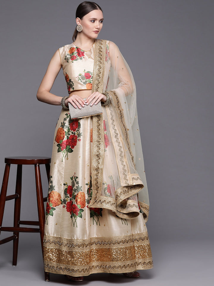 Made-To-Measure Chanderi Silk Digital Prints Floral Crop-Top Set & Sequence Embroidery