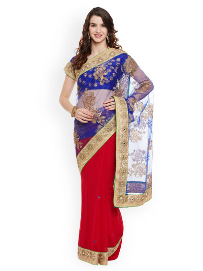 Chhabra 555 Blue & Red Embroidered Georgette Half & Half Saree With Net Pallu