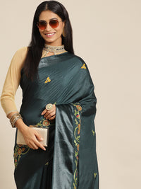 Chhabra 555 Bottle Green Art Silk Resham Multicolor Embroidery Peacock Motif Traditional Saree & Tassel 