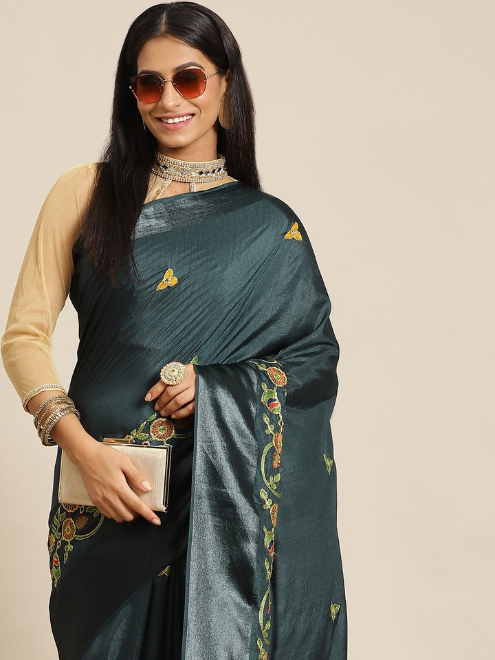 Chhabra 555 Bottle Green Art Silk Resham Multicolor Embroidery Peacock Motif Traditional Saree & Tassel 