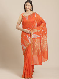 Chanderi Ikat Inspired Jute Slub Saree with Kanjivaram Temple Pattern in Zari
