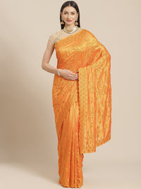 Mustard Raw Silk Scalloped Cocktail Saree with Resham Embroidery and Bright Crystals