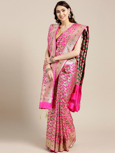 Chhabra 555 Magenta Banarasi Handloom Silk Saree with Floral Meenakari pattern and Banarasi Dupatta