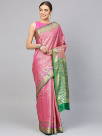 Chhabra 555 Magenta Chanderi Silk saree with handloom weaving floral patterns and a Meenakari border