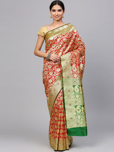 Chhabra 555 Red Heavy Weding Banarasi Silk Handloom, Hand Woven, Floral, Zari, Kundan, Sequence, Stone Weav Border Saree  