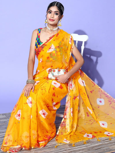 Chhabra 555 Mustard Jaipuri Bandhani Tie & Dye Chiffon Printed Saree with Mirror work
