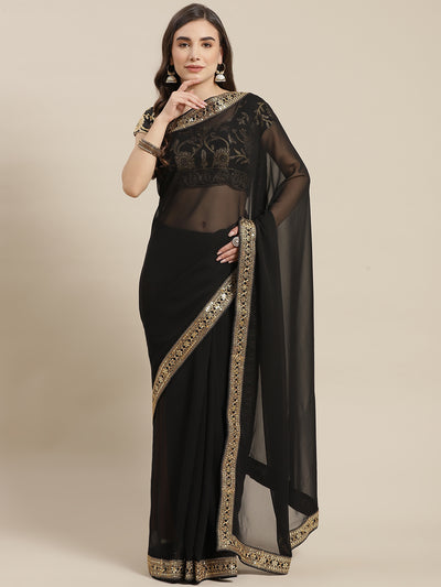 Chhabra 555 Black Georgette Sequence Embroidery Border Saree with Banarasi Brocade Blouse 

Color: Black

Type: NA Sarees

Pattern: Embroidered

Pattern Type: Woven Design

Ornamentation: Sequinned

Border: Embroidered

Fabric: Poly Georgette

Saree length: 5.50 mtr., Width: 1.10 mtr, Blouse length: 0.70 mtr
Dry Clean Only

The CAD image gives a detailed look of the actual blouse piece that comes with this saree. The blouse used by the model in the pictures is only for styling purpose.