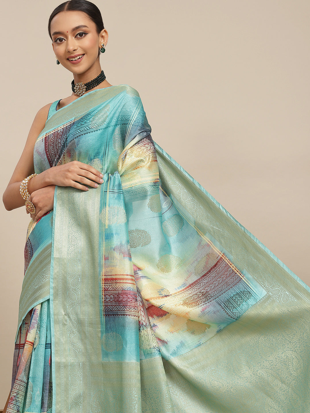 Chhabra 555 Sea Green Multi Color Texture Print & Zari Woven Embellished Traditional Saree