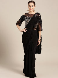 Draped Ruffled Pre-stitched Saree with Net Sequin Embroidered Crop Top Blouse