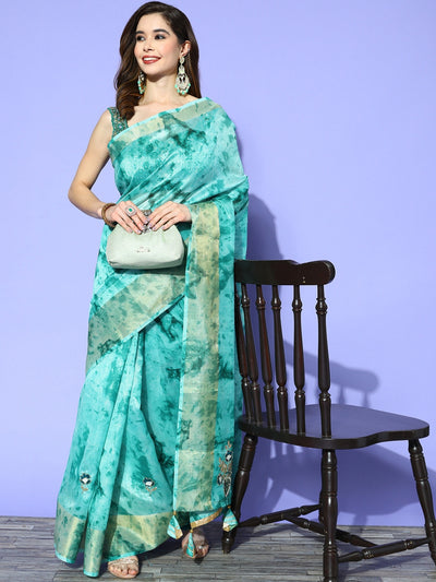 Chhabra 555 Turquoise Blue Tie & Dye Print, Gota Patti & Resham Embroidered Saree with Zari border 