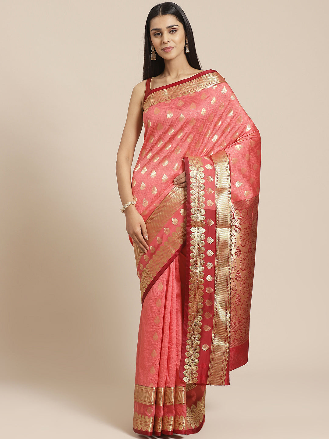 Traditional Banarasi Saree with Self Jacquard Weaving and contrast Maroon border