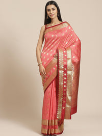 Traditional Banarasi Saree with Self Jacquard Weaving and contrast Maroon border